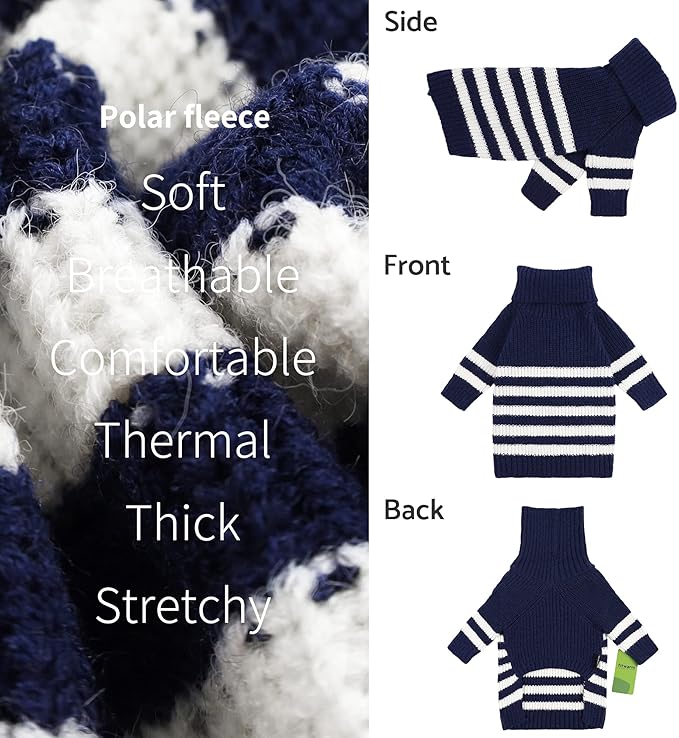 Fitwarm Dog Striped Knitted Sweater, Thermal Turtleneck Pet Coat, Dog Winter Clothes for Small Dogs Boy Girl, Cat Apparel, Blue, Small