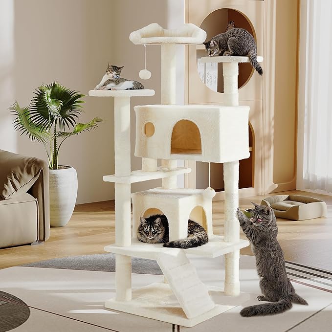 54 Inches Cat Tower Condo Furniture, Cat Tree for Indoor Cats, Cozy Hammock and Sisal Scratching Posts, Multi-Level Durable Cat Tree for Kittens Pet House Play, Detachable, Beige