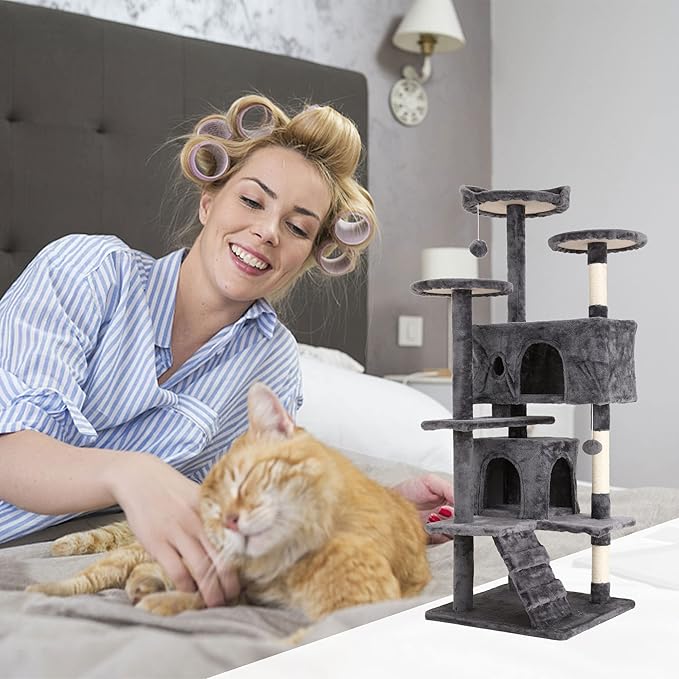 Go Pet Club 54'' Tall Multi-Level Cat Tree with 3 Scratching Posts, 3 Platforms, 2 Condos, Toys, Corner Tower for Large Cats