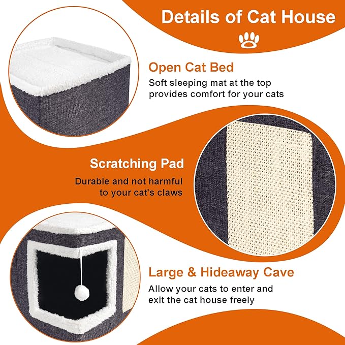 2 Pack Cat Houses for Indoor Cats - Large Cat Bed Cave with Scratch Pad and Fluffy Ball, Foldable Cat Hideaway Condo with Reversible Cushion for Multi Small Pet, Dark Grey