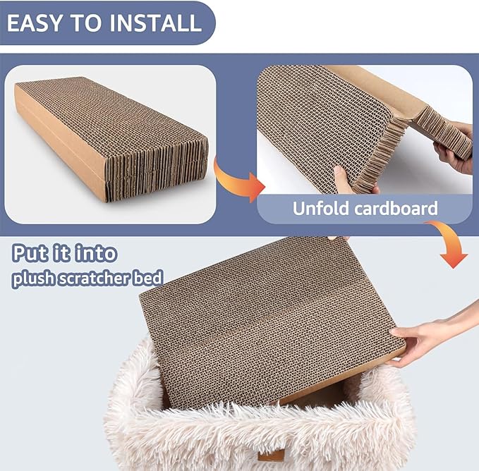 Fluffy Cat Scratcher Lounge Box with Removable Cardboard,Cat Rectangular Bed with Corrugated Board, Pet Scratching Pad for Furniture Protection, Training Toy (Beige)