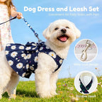 BAEJMJK Dog Dress Bowknot Harness Leash Set for Small Dogs Cats Daisy Floral Girl Dog Dresses Cute Puppy Princess Clothes Pet Doggy Outfits Spring Summer Breathable Dresses (X-Small, Navy Blue)