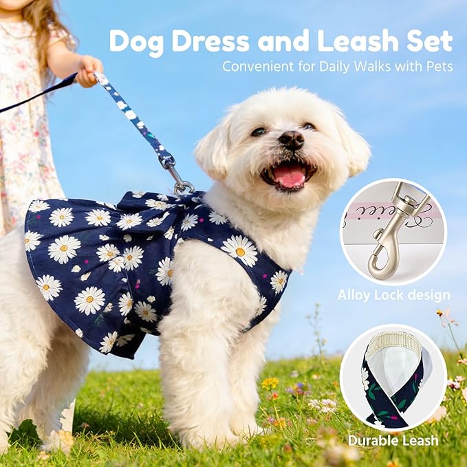 BAEJMJK Dog Dress Bowknot Harness Leash Set for Small Dogs Cats Daisy Floral Girl Dog Dresses Cute Puppy Princess Clothes Pet Doggy Outfits Spring Summer Breathable Dresses (Large, Navy Blue)