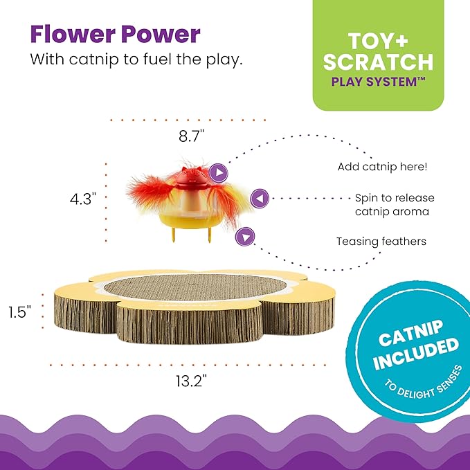 Catstages Daisy Scratch and Spinning Catnip Toy Bundle Cat Scratcher with Topper for Interactive Play, Two Toys in One, Multicolored