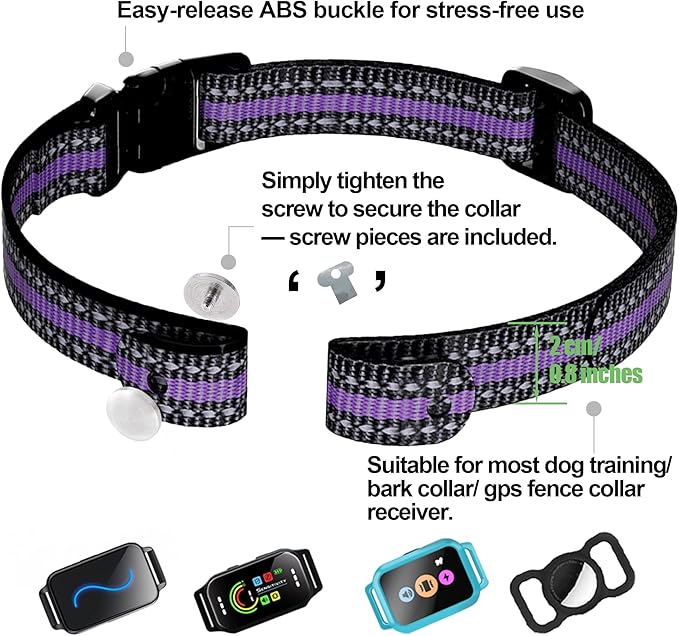Aikko Collar Replacement Strap, Universal Dog Training Receiver, Reflective Adjustable Nylon GPS Ecollar, Durable Collar Band with Secure Buckle for Large Medium Small Dogs, Purple