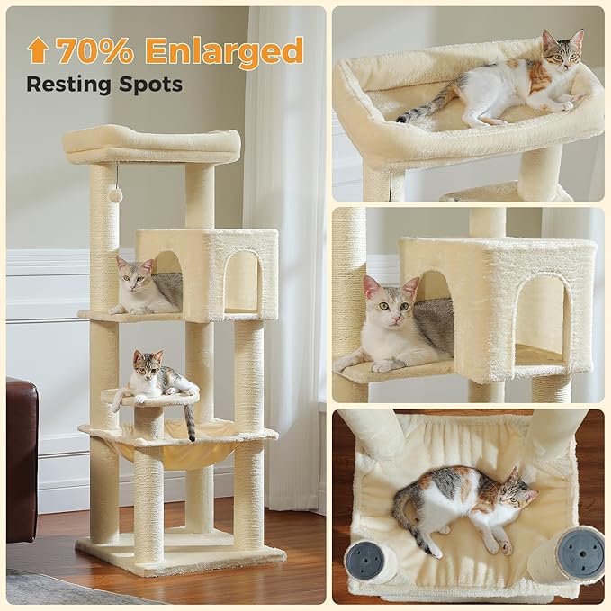 PEQULTI 57.9'' Cat Tree, Multi-Level Tower with Large Top Perch, Thick Scratching Posts and Hammock for Large Indoor Cats up to 20 lbs,Beige