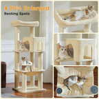 PEQULTI 57.9'' Cat Tree, Multi-Level Tower with Large Top Perch, Thick Scratching Posts and Hammock for Large Indoor Cats up to 20 lbs,Beige