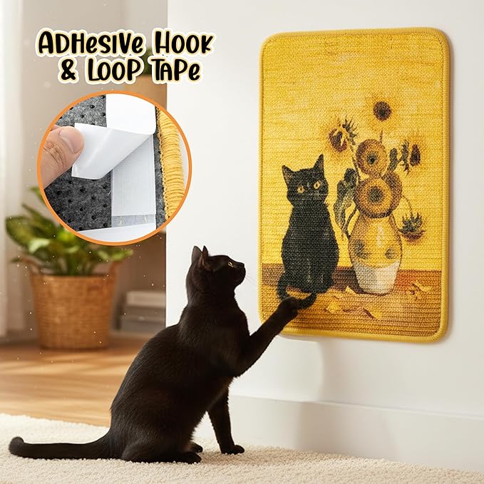 Sisal Cat Scratching Pad - Shedding-Resistant Wall Scratcher Mat for Indoor Cat, Kitten Art Print Sunflower Scratching Mats for Carpet Couch Furniture with Adhesive Hook Loop Tape(24*16in)