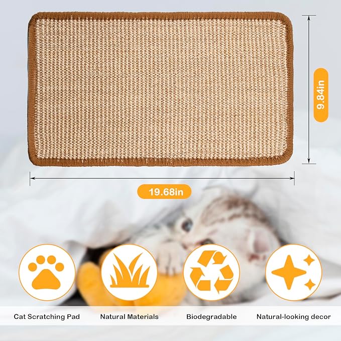 Cat Scratcher Mat,19.68 x 9.84 Inch Sisal Cat Scratching Pad Rug with Hook and Loop Sticky Cat Scratch Wall Mat Protect Carpet Sofa Floor Door