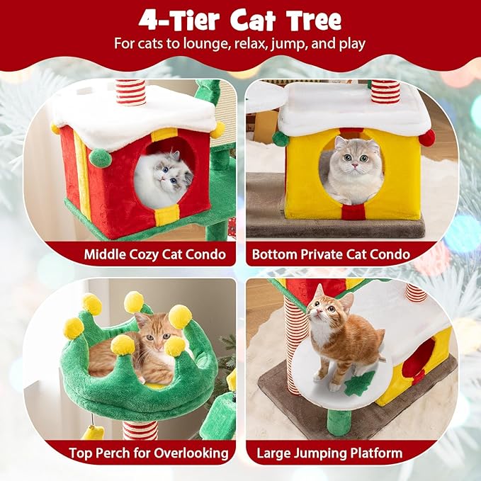 Tangkula 61 Inch Christmas Cat Tree, Multi-Level Tall Cat Tower with Sisal Scratching Posts & Board, 2 Gift Box-Shaped Cat Condos, Plush Padded Top Perch, Spring & Dangling Balls for Indoor Kittens