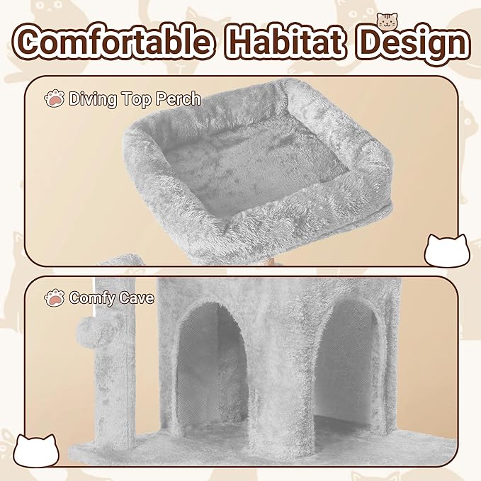 Cat Tree, 54-Inch Cat Tower for Indoor Cats,Plush Multi-Level Cat Condo with Scratching Posts, Basket, Perches (Light Grey01)