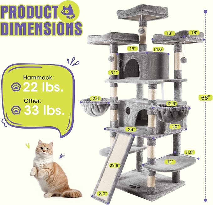 WEEWAY 68 Inches Multi-Level Large Cat Tree for Feline‌/Big Tower/Condo/Cozy Plush Kitty Perches/Fluffy Balls/Sisal Scratching Posts and Hammocks/Cave/Furniture Activity Center/Grey