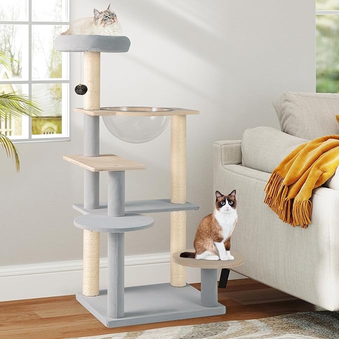 Tangkula Modern Cat Tree, 44 Inch Multi-Level Cat Tower with Removable Padded Top Perch, Sisal Scratching Posts, Jumping Platforms, Dangling Ball, Kitty Activity Center for Indoor Cats