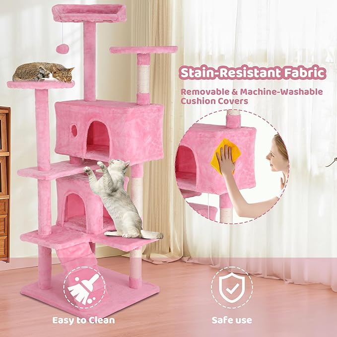 Large Cat Tree, 54 Inches Cat Tower Condo with Scratching Post for Indoor Cats, Wrapped Sisal Pole, Platform, Baskets & Dangling Toy, Pink