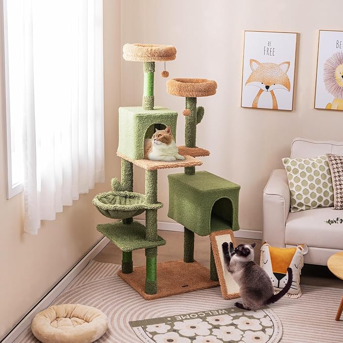 Tangkula Cactus Cat Tree, 63 Inch Tall Cat Tower with Sisal Scratching Posts, 2 Perches, 2 Cat Condos, Hammock, 2 Balls, Ramp, Washable Cushions, Green Cute Cat Tree Tower for Indoor Cats