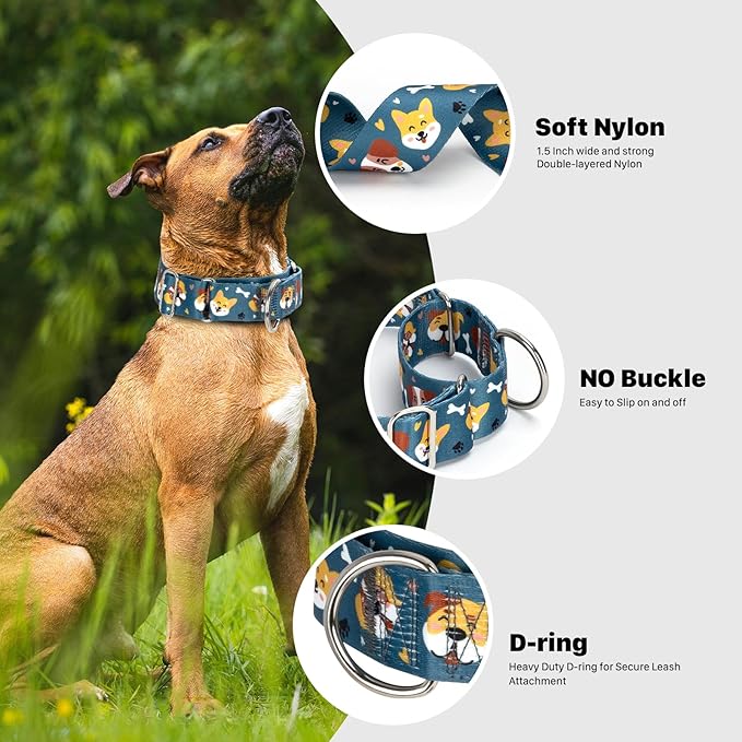 1.5 Inch Wide Dog Collar - No Pull Martingale Collar for Large Dogs, Escape Proof & Thick Adjustable Training Collar for Medium, Large & XL Dogs(Cartoon Dog L)
