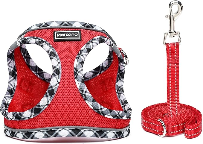 Mercano Soft Mesh Dog Harness and Leash Set, No-Chock Step-in Reflective Breathable Lightweight Easy Walk Vest Harnesses with Safety Buckle for Small Dogs, Cats (Red, XXS)