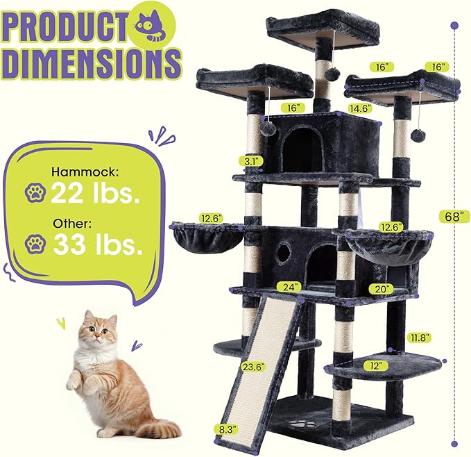 WEEWAY 68 Inches Multi-Level Large Cat Tree for Feline‌/Big Tower/Condo/Cozy Plush Kitty Perches/Fluffy Balls/Sisal Scratching Posts and Hammocks/Cave/Furniture Activity Center/Drak Grey