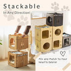 Stackable Cat House for Indoor Cats Bed, Wooden Cat Shelter, Cat Cube, for Cats, Kittens, and Puppies, 15x15x15 inches, Hammock & Pillow Included, Cat Tower, Modern Design, Black