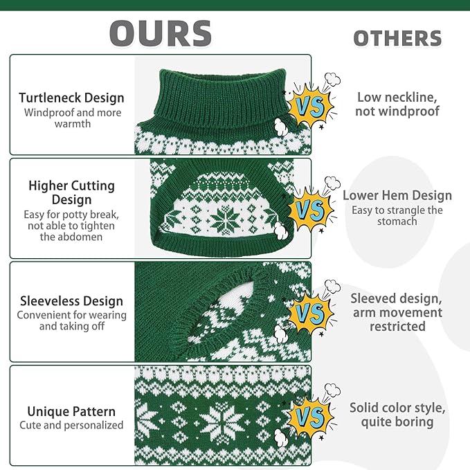 KOOLTAIL Cable Knit Dog Sweater Turtleneck, Cold Weather Pullover Classic Knitwear, Snowflake Pattern Thick Warm Winter Pet Clothes, Dog Christmas Sweater for Small Medium Large Dogs Cats, Green S