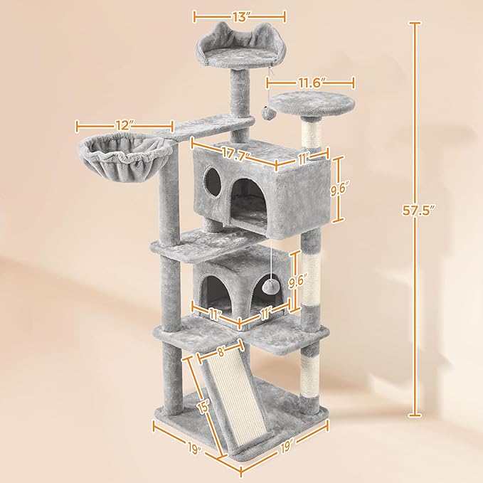 Topeakmart Cat Tree, 57 inches Multi-Level Cat Tree Tower with Scratching Posts, Cat Condo and Basket Kitten Activity Center, Light Gray