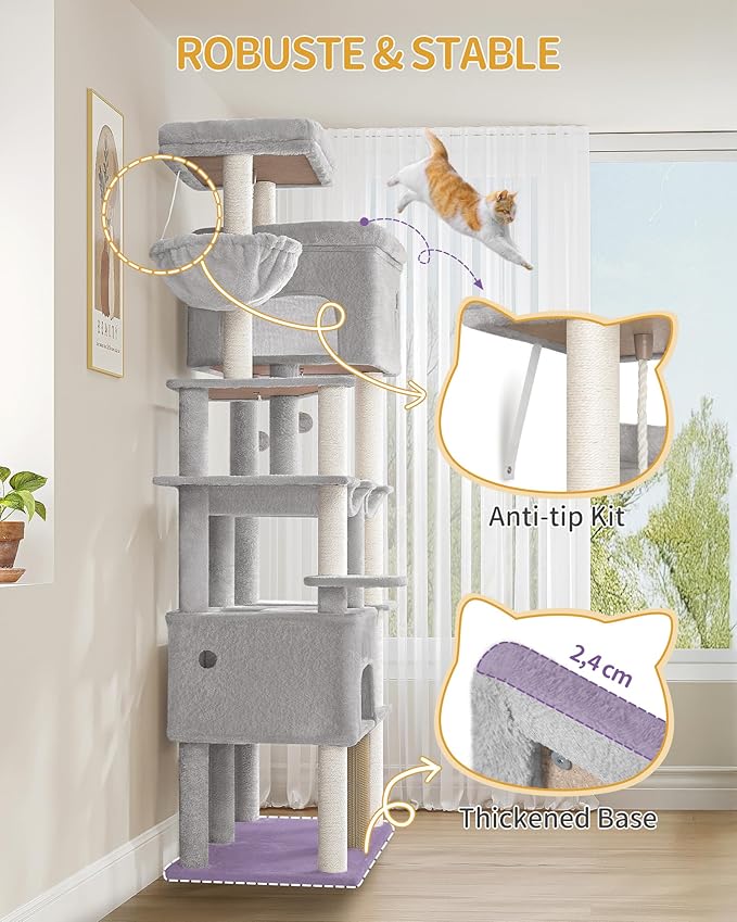 Cat Tree, 200cm XXL Cat Tree with 10 Scratching Posts, 2 Caves, 2 Hammocks, Large Platform, Cat Brushes, Basket, Heavy Duty Cat Tree for Maine Coons, Large Cats, Light Grey MS20018LG