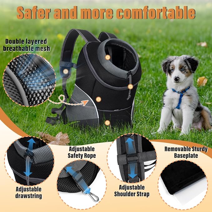 YUDODO 9-14lbs Dog Front Carrier Backpack, Adjustable Breathable Pet Carrier for Small Dogs Cats, Ventilated Puppy Back Pack with Safety Belt, Lightweight Doggy Backpack for Hiking Outdoor (Black, L)