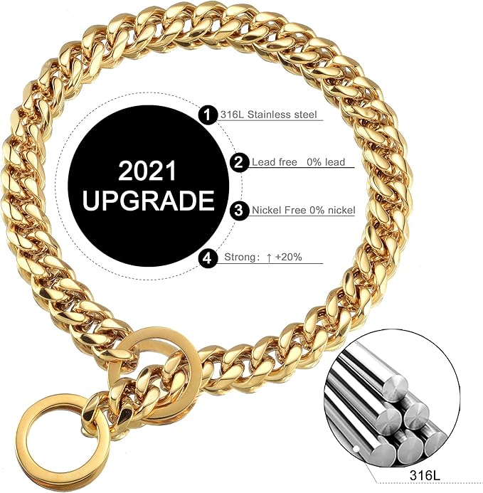 Dog Chain Collar 18K Gold High Polished Stainless Steel Cuban Link Strong Heavy Duty Chew Proof Walking Training Chain Leash Collar for Small Dogs(15mm, 12")