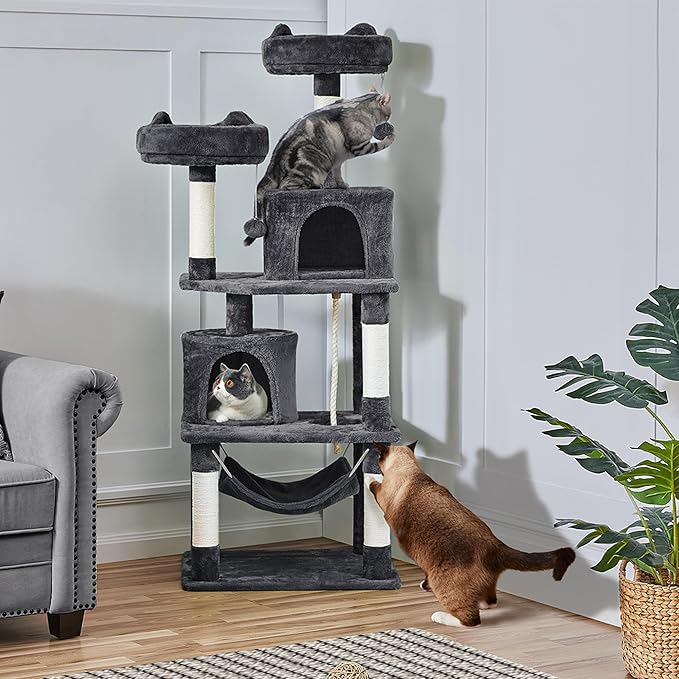 Topeakmart 62.2 inches Cat Tree with Double Condos, Scratching Posts & Hammock, Kitty Activity Tree Center Kitten Play House, Dark Gray