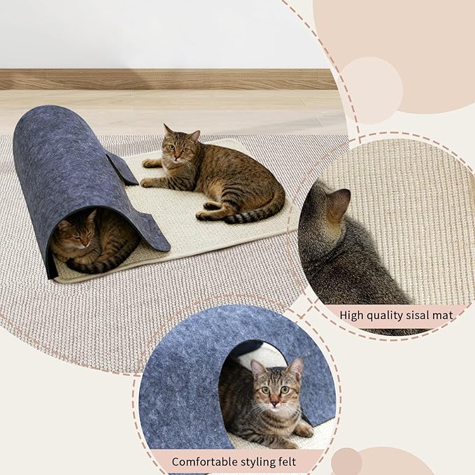 Felt Cat Scratching Pad & Tunnel Sisal Mat Combo - 2-in-1 Interactive Play Tunnel Enrichment Toy for Indoor Cats & Kittens