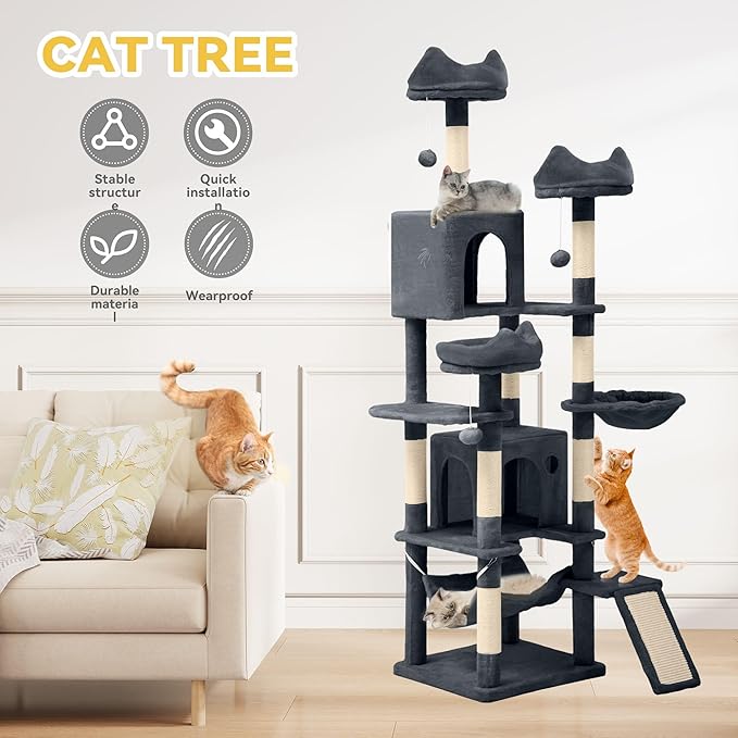 DWVO 75 in Multi-Level Cat Tower: Tall Cats Tree for Indoor Kittens, Pet Furniture with Kitty Condos, Top Perches, Sisal Ramp Scratching Posts, Cozy Basket, Hammocks, Dark Gray