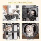 PawHut Floor to Ceiling Cat Tree, 240-260cm Adjustable Height Cat Tower with Scratching Posts, Cat Houses, Ramps, Hammocks, Toy Balls, Tunnel for Indoor Cats - Dark Grey