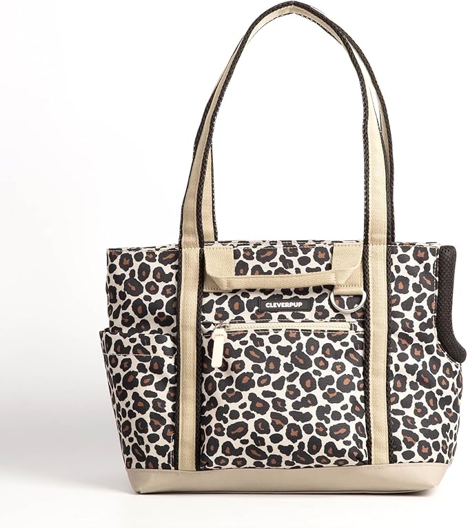 Cleverpup Transit Tote Dog Carrier for Small Dogs up to 8 lbs, 16x11x8 Soft-Sided 4-Pc Set with Waterproof Base, Plush Insert, Food Pouch, Mesh Head Opening - Small, Leopard