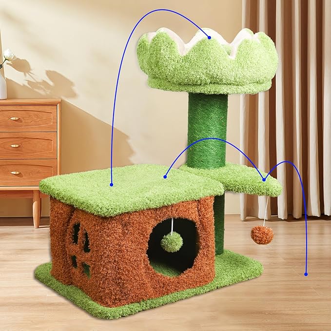 Zamaya Flower Cat Tree for Indoor Cats Large Adult,Easy to Assemble, Modern Cat Tower with Soft Cat Cave with a Window,Sisal Scratching Posts,Dangling Toy,(25.9" H) Green