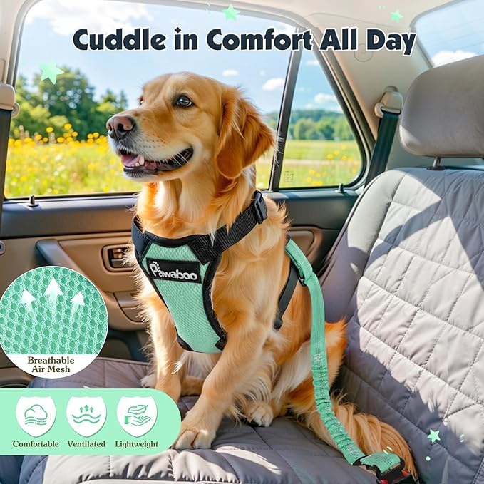 Pawaboo Dog Seat Belt Harness for Car, Dog Car Harness Seatbelt with Double Clips, Adjustable Breathable Pet Vest & Dogs Safety Tether with Elastic Bungee for Small Medium Large Pet, XL, Blue + Black