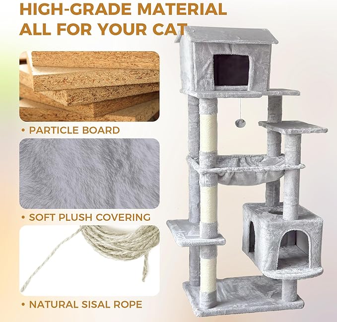 64in Multi-Level Cat Tree for Indoor Cats - Plush Gray Cat Tower with Hammock, Sisal Scratching Posts & Cozy Cat House, Ideal for Multiple Cats, 5-Level Cat Furniture with Dangling Toy