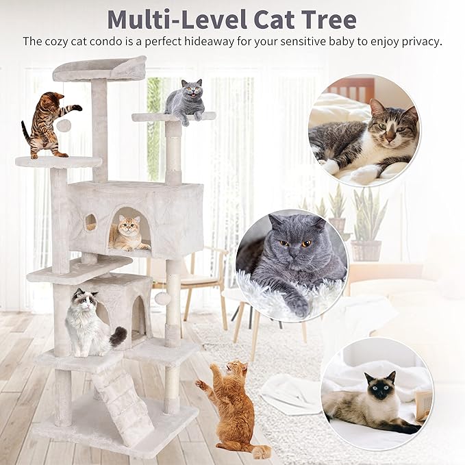 BLKMTY Cat Tree 54" Tall Cats Tower Large Cat Condo Climber Cats Climbing Stand with Top Perches Playhouse and Climbing Ladder Kitty Activity Tree w/Scratching Post Toys, Beige