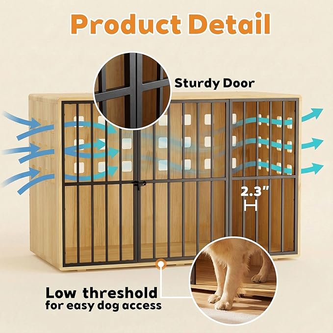 Extra Large Dog Crate Furniture, 47.2 Inches Wooden Dog Crates for Medium & Large, Decorative Kennel Indoor with Lockable Door, Heavy Duty Pet Crate Side Tbale for Living Room, Natural