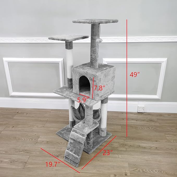 FixtureDisplays® 19.7X23X49" Cat Tree Condo Furniture with Sisal-Covered Scratching Posts, Plush Condo, 2 Platforms, Perch Hammock for Kittens, Cats and Pets Light Gray 12240 12240