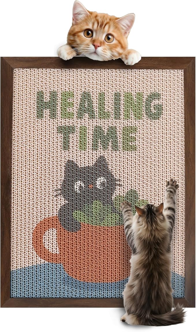 Decorative Wall Art Cat Scratcher, BC Grade Cardboard Framed 13"x17" Dust-Free Vertical Scratching Post, No-Drill Wall Mount (Renter-Friendly), Durable Cat Toy & Home Decor (Cherry) (Plant)