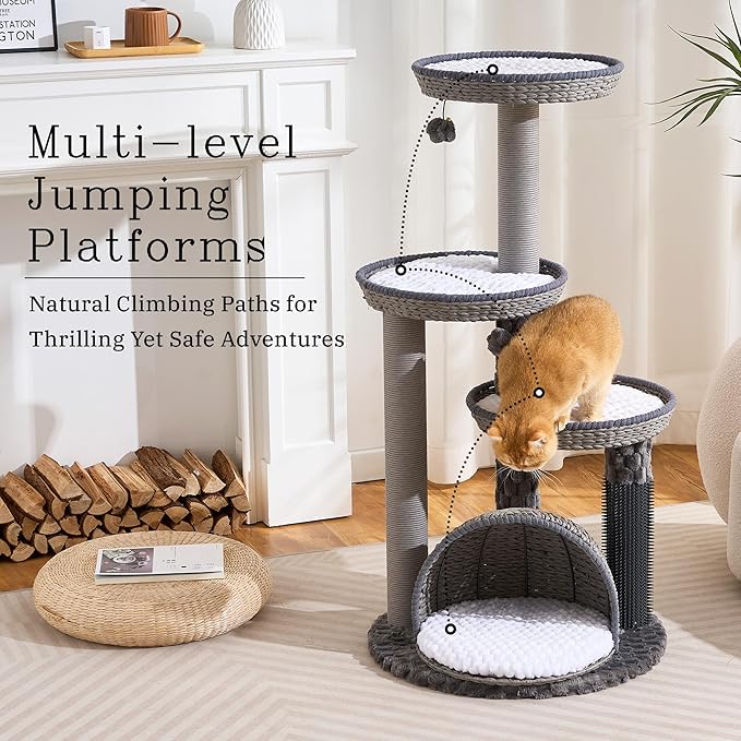 Wood Modern Cat Tree for Large Cat, 46" Tall Cat Tower with Scratching Posts, Cat Condo, Aesthetic Multi-Level Cat Climbing Tree with Hand-Woven Bed for Adult Indoor Cats-Grey