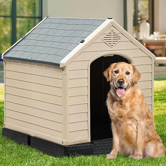 YITAHOME Plastic Dog House, Waterproof Indoor Outdoor Doghouse for Large or Small Dog, with Air Vents and Elevated Floor, Easy Assemble and Clean