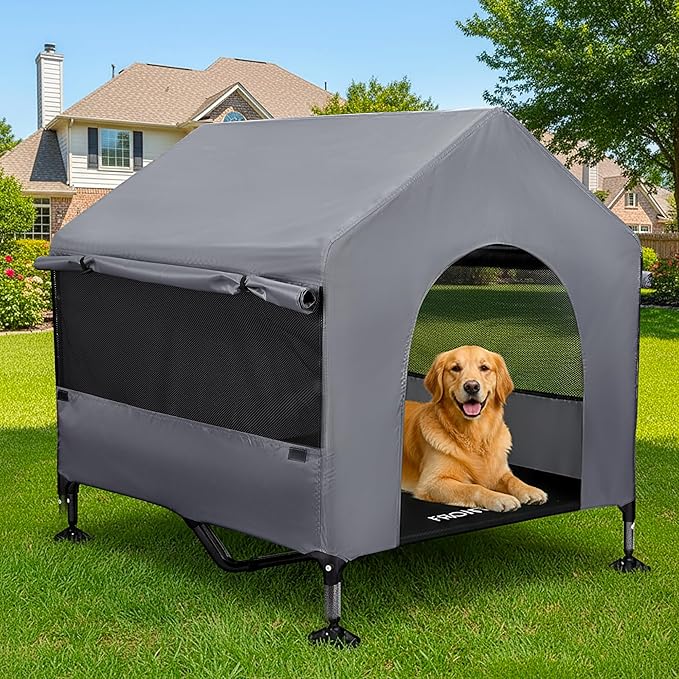 42" Dog House Outdoor Indoor with Breathable Mesh Windows, 2-in-1 Outside Dog House Elevated Dog Bed Cot Dog Tent Shade Shelter, Easy to Assemble & Clean (42 INCH)