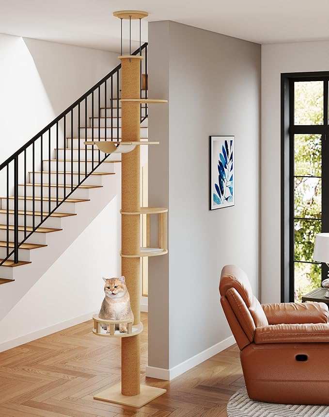 COZIWOW Floor-to-Ceiling Cat Tree, Adjustable (89-112 inches), Sturdy 5-Tier Tower for Large Cats. Features 4.33" Scratching Posts, Hammock, Platforms. Saves Space, enriches Indoor Play.