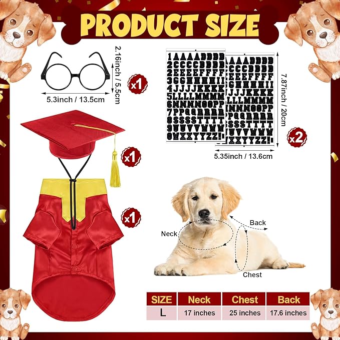 5 Pcs Dog Graduation Costume Set Include 2026 Pet Graduation Gown with Stole Puppy Grad Cap Lensless Glasses DIY Letter Stickers for Dogs Cats Holiday Costume Accessory(Red Yellow,L)