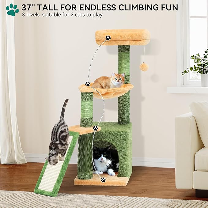 YITAHOME 37in Tall Cactus Cat Tree Tower: Cute Kitten Climbing Tower with Self-Grooming Brush, for Indoor Cats with Kitty Condo Plush Platform Hammock Sisal Scratching Posts Dangling Ball