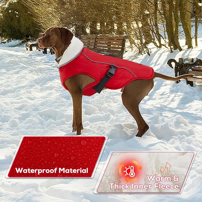 EMUST Dog Coat for Winter, Cozy Winter Jackets for Small/Medium/Large Dogs, Solid Color Dog Apparel for Cold Weather with Fleece Lining, Red, XXXL