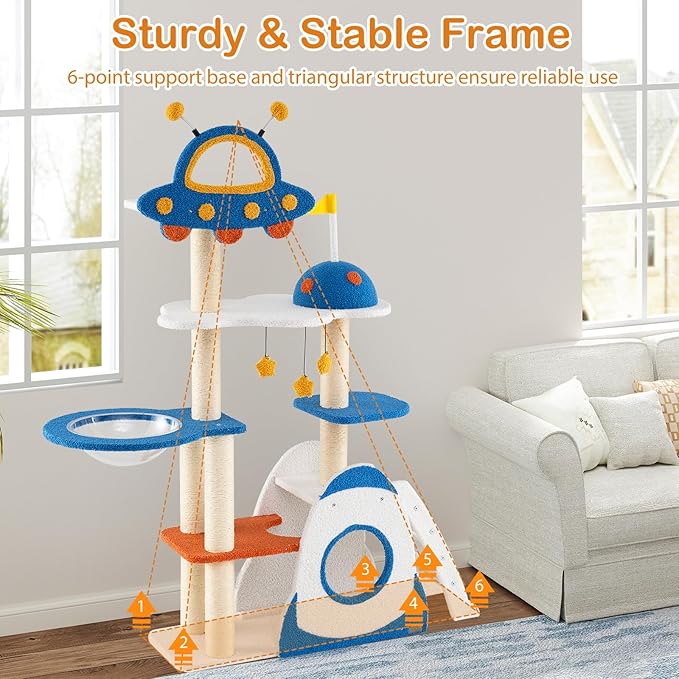 PETSITE 64.5 Inch Space-Themed Cat Tree, Multi-Level Cat Tower with Sisal Scratching Posts, UFO-Shaped Top Perch, Climbing Ladder, Hanging Star-Shaped Jingling Toys, Cute Cat Tree for Indoor Cats