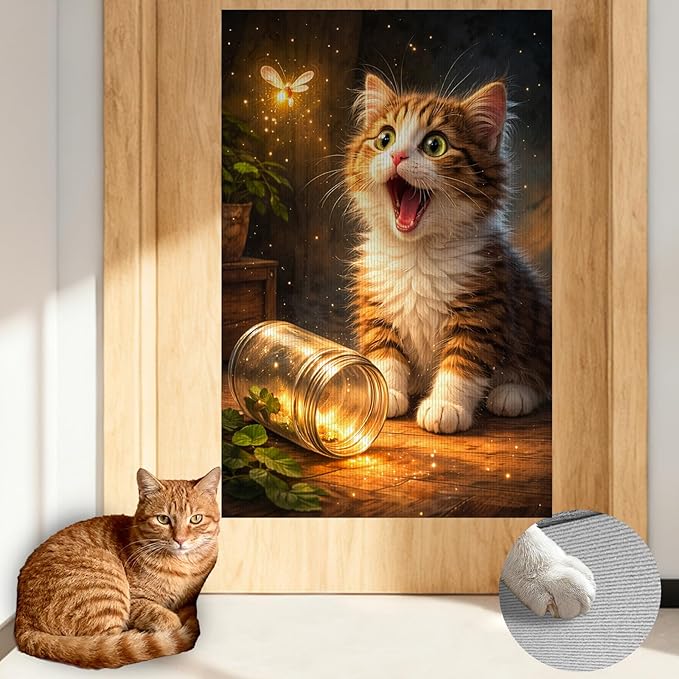 Nuxovilar Cat Scratch Pad 15.3x23.6 Inches Polyester Synthetic Fiber, Kitten & Firefly Print, wall cat Scratcher, Scratching mat, Home Decor, Playroom, Apartment (2pcs)