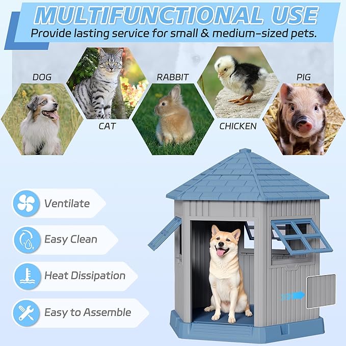 Fancyango Sturdy Dog House Indoor Outdoor for Small Medium Dogs, Weatherproof Puppy Shelter with Elevated Floor & Air Vents, Easy Clean and Assemble (Blue, 36.61" L x 29.5" W x 37.4" H)
